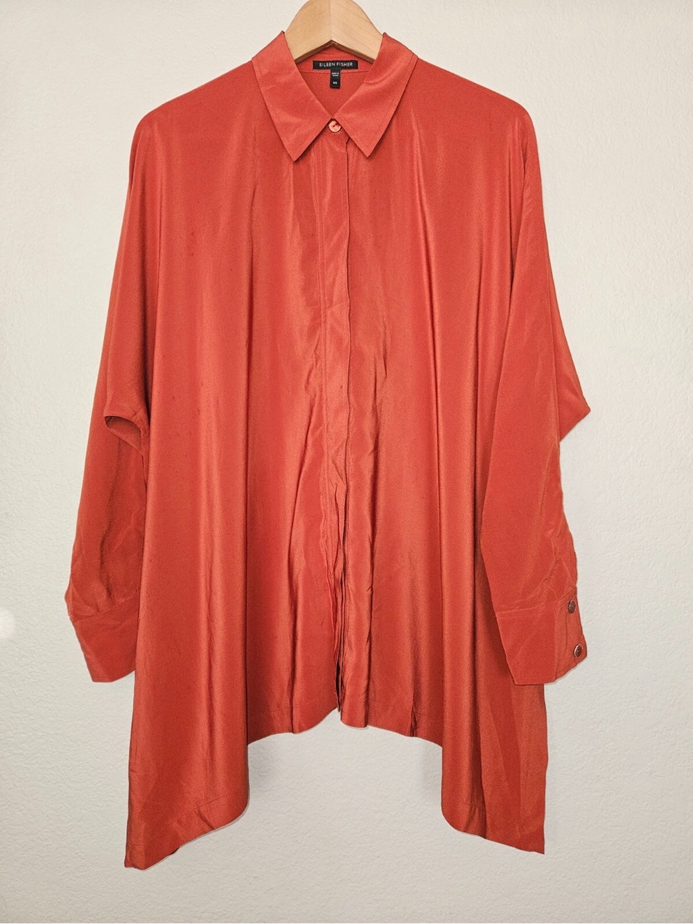 Eileen Fisher Silk Georgette Crepe Button Down Saffron Orange Asymmetrical